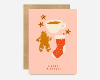 Happy Holidays - Blank Greeting Card - Pink - Cozy - Hygge - Gingerbread man - Stocking - Tea - Hot Cocoa - Cute Card - Red Envelope