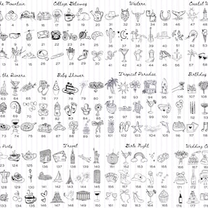 May include: A collection of black and white line art illustrations, each depicting a different theme or event. The images include icons for travel, parties, and celebrations, such as mountains, teacups, and champagne glasses.
