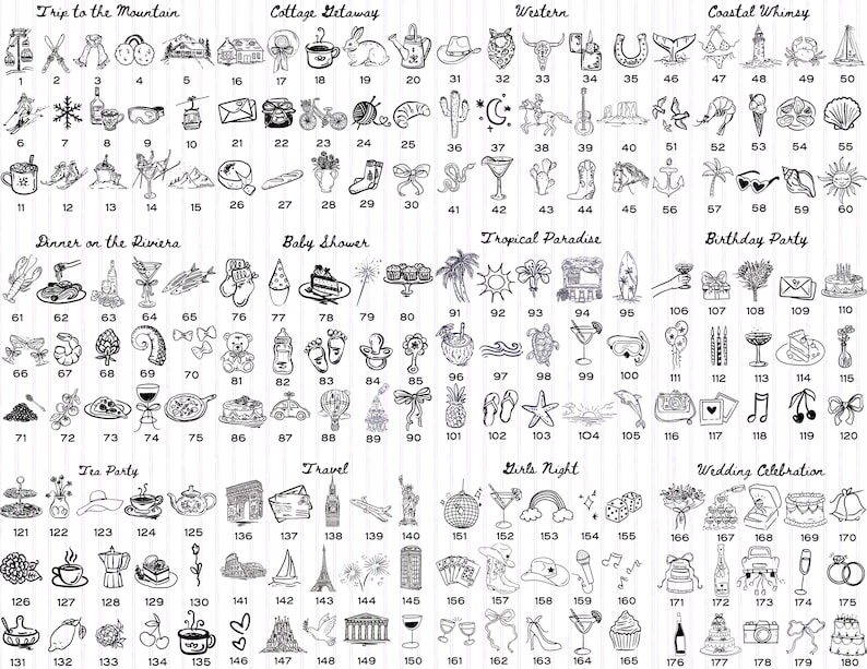May include: A collection of black and white line art illustrations, each depicting a different theme or event. The images include icons for travel, parties, and celebrations, such as mountains, teacups, and champagne glasses.