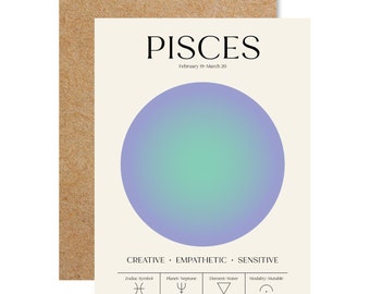 Pisces Aura Greeting Card - Kraft Envelope - Birthday - Aesthetic - Zodiac - Astrology - Cute Gift - Spiritual - Blank - Ethereal - Colorful