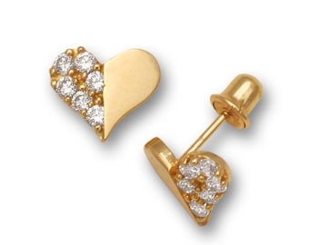 14k yellow gold or white gold heart screw-back studs, baby/kids