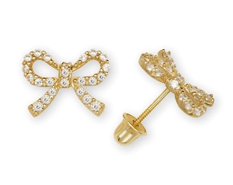 14k yellow/white gold cz bow screw back studs