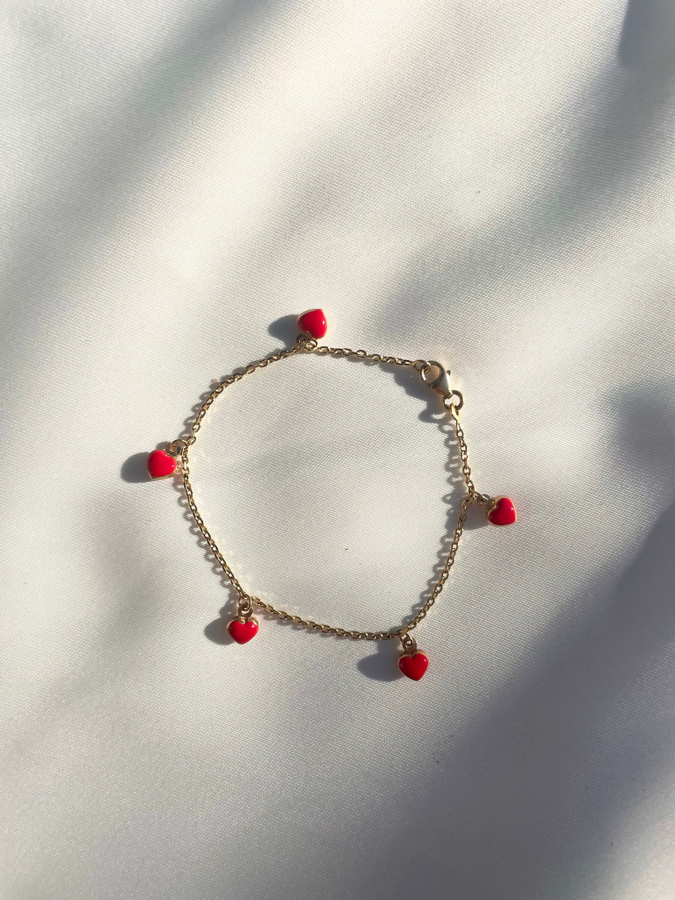 14k Solid Gold Red Enamel Puffed Heart Charm Bracelet - Etsy
