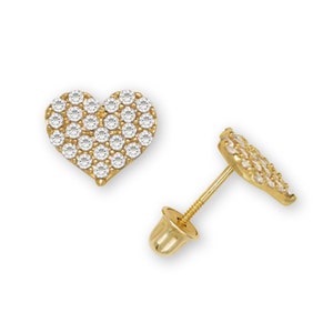 May include: A pair of gold heart-shaped earrings with clear cubic zirconia stones.