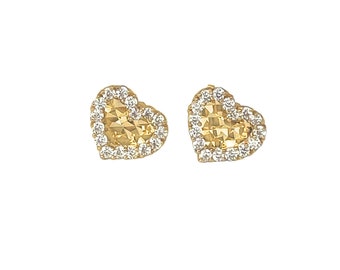 14K gold diamond cut heart studs earrings with cz border- screw backs