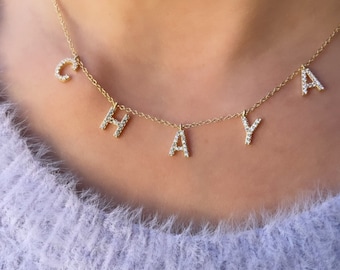 charm name necklace- 14k gold plated, cz