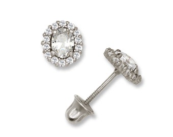 14k white/yellow gold oval screw backs cz studs with halo