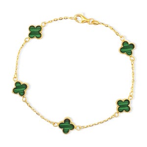 14K Gold Malachite Flower Bracelet, Dainty Gemstone Chain Jewelry