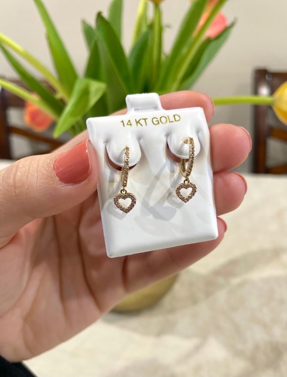 14k Yellow Gold Drop Heart Earrings With Light Pink Stones