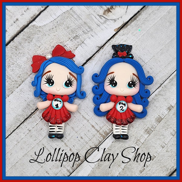 Thing 1 & Thing 2-Polymer Clay Bow Center clay doll, clay dolls, bow centerpieces, clay center for bows, Cat in the Hat