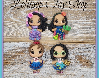 Colombian Girl and Family - Clays for bows- clay doll, clay dolls, bow centerpieces, clay center for bows, bow center-Encanto