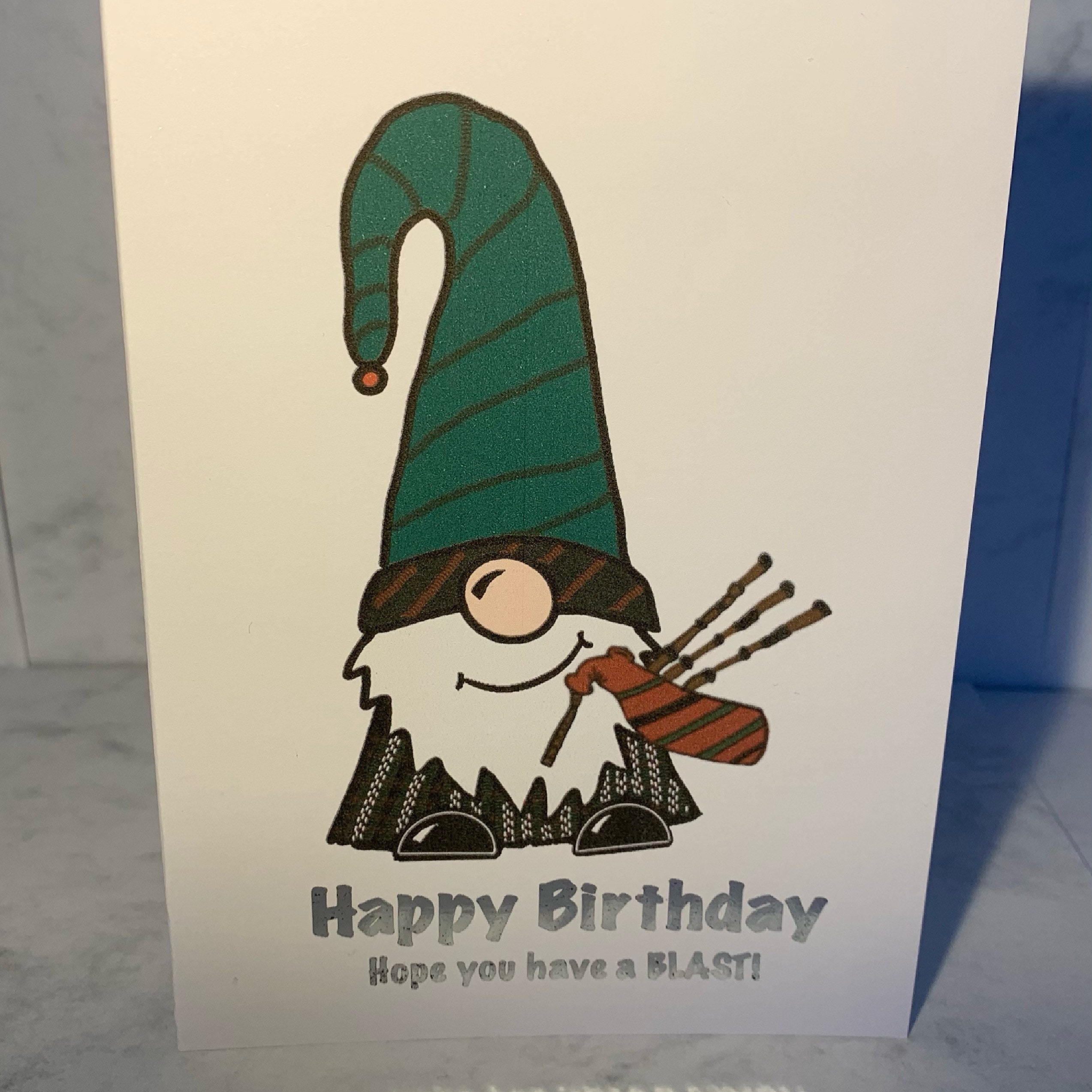 Scottish Themed Happy Birthday Cards, Gnome, Bagpipes Also Saying hope You Have a BLAST Which is
