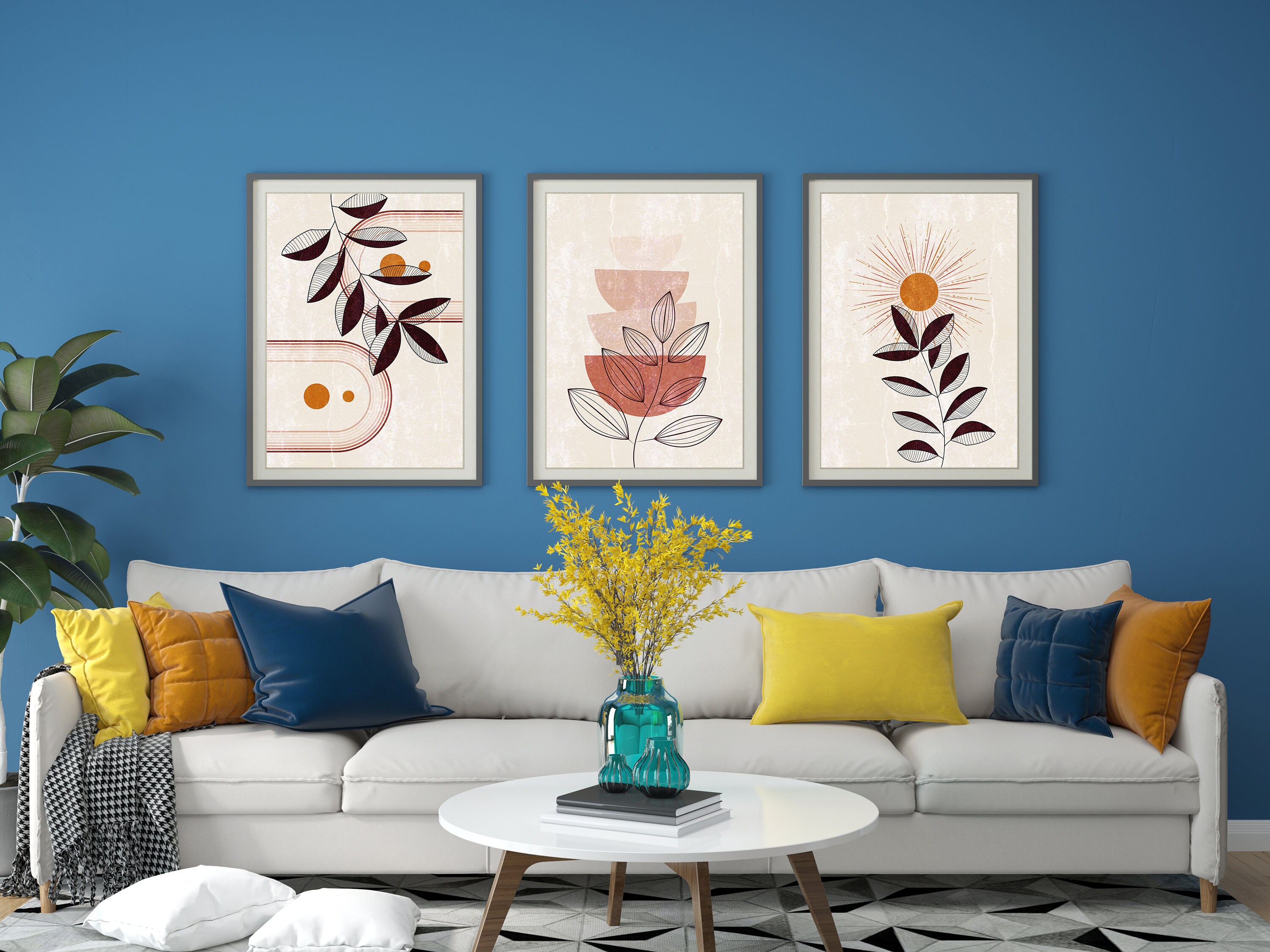 Boho Art Set of 3 Boho Mid Century Modern Minimal Botanical | Etsy