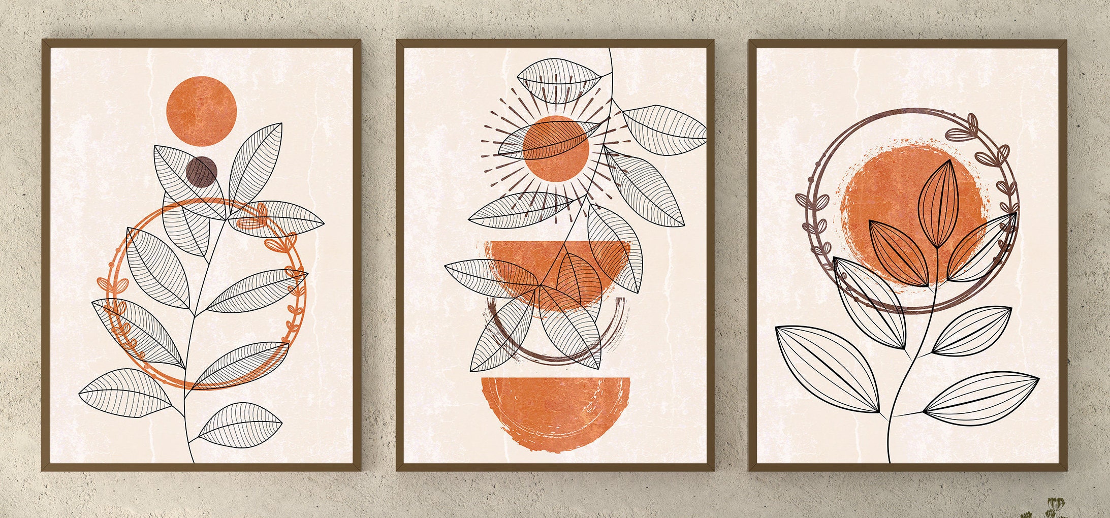 Boho Art Set of 3 Boho Mid Century Modern Minimal Botanical | Etsy