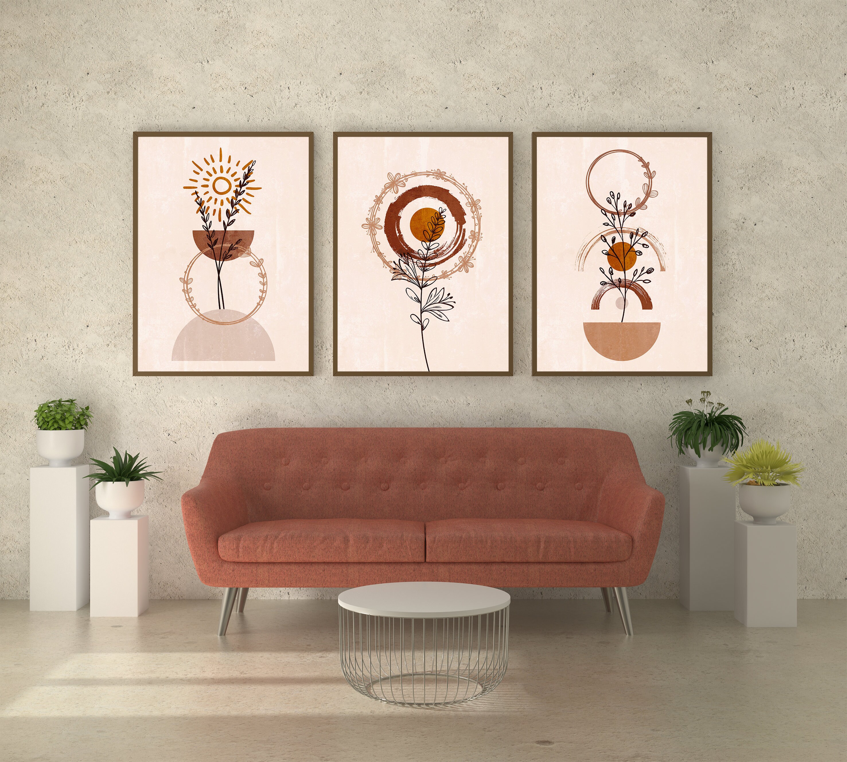 Boho Art Set of 3 Boho Mid Century Modern Minimal Botanical | Etsy