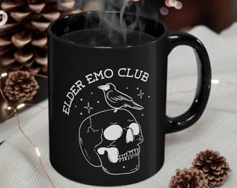 Elder Emo Club Schwarzer Becher (11 Unzen, 15 Unzen), älterer Emo Becher, Emo Becher, Emo Geschenk, Emo Kaffeebecher, Geschenk für Emo