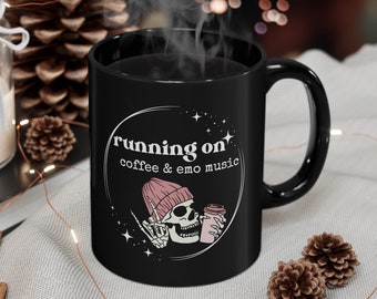Running on Coffee And Emo Music 11oz Black Mug, Emo Coffee Mug, Emo Cup, Elder Emo Gift, Alternative Gift, Emo Skeleton Mug, Gift For Emo
