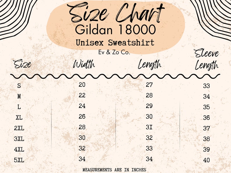 Peut inclure: Tableau des tailles pour les sweat-shirts unisexes Gildan 18000. Le tableau indique les mesures en pouces pour la largeur, la longueur et la longueur des manches pour les tailles S &agrave; 5XL.