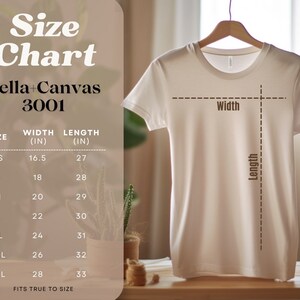 May include: Size chart for Bella+Canvas 3001 t-shirts, showing width and length measurements in inches for sizes XS to 3XL. The chart shows that the shirts fit true to size.
