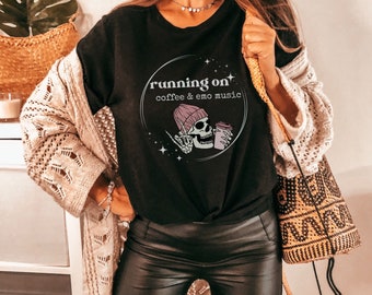 Running on Coffee and Emo Music Short Sleeve Tee, Elder Emo Aesthetic Shirt, Elder Emo Clothes, Emo Vibe, Emo Graphic Tee