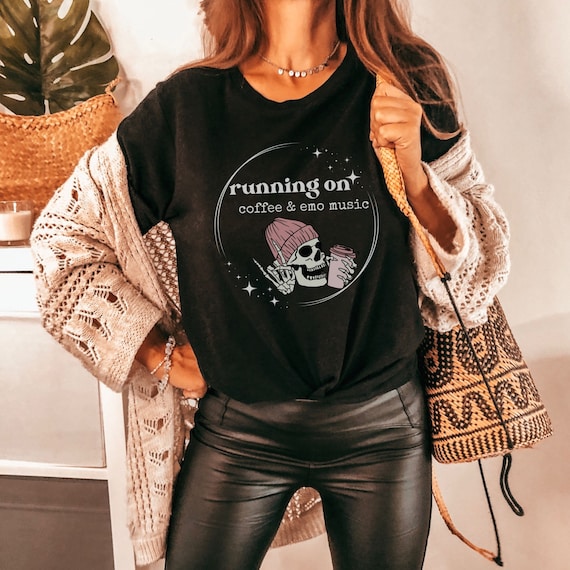 Running on Coffee and Emo Music Short Sleeve Tee, Elder Emo Aesthetic Shirt, Elder Emo Clothes, Emo Vibe, Emo Graphic Tee