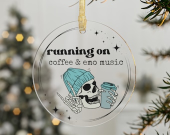 Running On Coffee and Emo Music Acrylic Ornaments, Emo Ornaments, Emo Christmas Ornament, Elder Emo Ornament, Skeleton Ornament, Emo Gift
