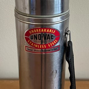 Vintage UNO-VAC Union Made Unbreakable Stainless Steel Thermos with Cup & Handle