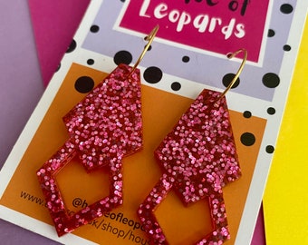 Art Deco “Di’s” earrings, handmade resin earrings, statement jewelry, festival, party, glitter, fun, colorful, gift, pink