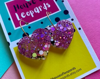 MEDIUM heart earrings with hoop drop, handmade resin earrings, statement jewelry, festival and party earrings, glitter, fun, colorful