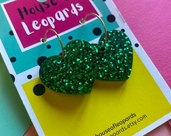 MEDIUM heart earrings with hoop drop, handmade resin earrings, statement jewelry, festival, party, glitter, fun, colorful, gift, green