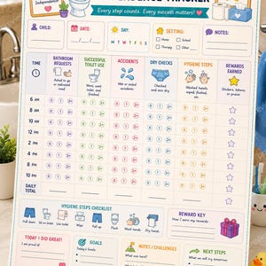 Puede incluir: Una tabla rectangular de seguimiento de la independencia en el baño con encabezados e iconos coloridos. La tabla incluye secciones para el nombre del niño, fecha, día, entorno y notas. Una cuadrícula rastrea horas, uso del inodoro, accidentes e higiene.