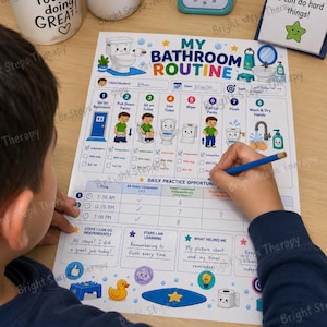 Może przedstawiać: Tabela My Bathroom Routine wydrukowana na białym papierze z niebieskimi, zielonymi i żółtymi akcentami. Tabela zawiera ponumerowane kroki dotyczące czynności w łazience, tabelę codziennych ćwiczeń oraz sekcje na notatki z ilustracjami.