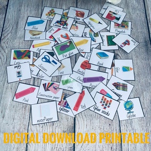 Schoolbenodigdheden Communicatie Fotokaarten 45 Visuele hulp Flashcards Mapomslag PEC-geïnspireerd, afdrukbaar digitaal voor docenten en studenten
