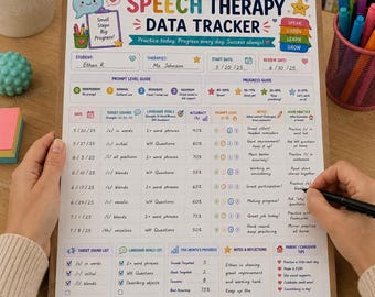 May include: A speech therapy data tracker form on a clipboard with colorful headers, icons, and sections for student information, prompt levels, progress tracking, target sounds, language goals, and caregiver tips, featuring handwritten text entries.