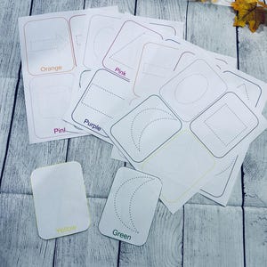 vormflitskaarten, overtrekhandschrift Montessori, kleurenkaarten, interactief, kleuterschool, educatieve activiteit (digitale afdrukbare download