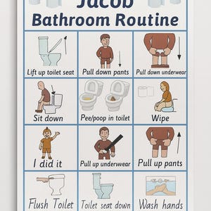 Jacob blue bathroom routine, schedule potty training, reward chart poster, cards for communication, interactive ,digital download printable