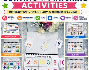 Spanish Busy Book for Toddlers | Libro de Actividades en Español | Numbers Shapes Animals Transportation Clothing Matching Activities