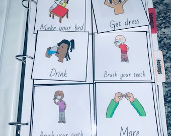May include: A visual schedule with six illustrated cards showing daily routines. The cards include "Make your bed", "Get dress", "Drink", "Brush your teeth", "Brush your teeth", and "More".