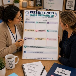 May include: A Present Levels Data Organizer clipboard featuring a grid with eleven sections for teacher planning. The document includes headers for academic achievement, functional performance, student strengths, and communication, printed on white paper.