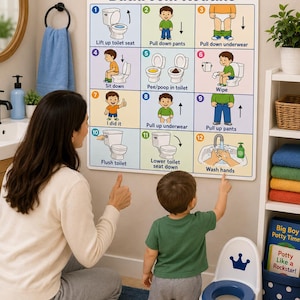 May include: A rectangular Bathroom Routine wall chart featuring twelve numbered illustrations with text instructions for toilet training, including steps like lift toilet seat, pull down pants, wipe, flush toilet, and wash hands.
