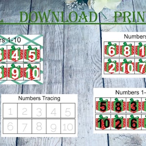 Tema de Natal contando os números de 1 a 10 combinando trabalho interativo, pré-escola, atividade educacional em casa, criança Montessori