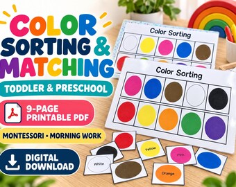 Puede incluir: Un conjunto de actividades educativas de clasificación y emparejamiento de colores para niños pequeños y preescolares. Incluye hojas PDF imprimibles con cuadrículas para clasificar círculos de colores y tarjetas individuales con varios colores.