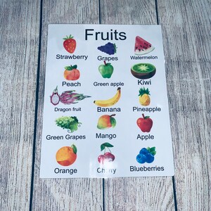 Poster Fruits imprimable | Tableau des aliments pour enfants | Décoration pour la classe et l'école à la maison | Tableau nutritionnel préscolaire | Visuel sur une alimentation saine pour apprendre