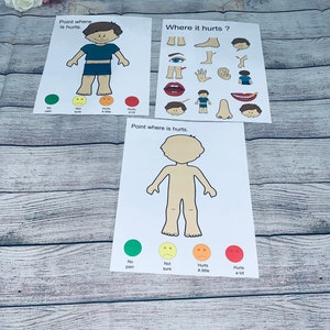 criança, pré-escola, onde doeu? quadro de comunicação de dor infantil, não verbal, necessidades especiais, recursos visuais, download digital para impressão