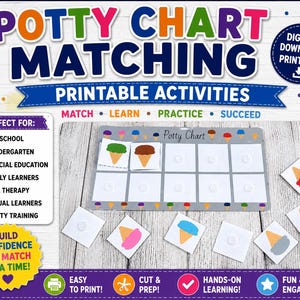Può includere: Un set di attività stampabili Potty Chart Matching composto da una tavola rettangolare con dieci quadrati vuoti e varie carte quadrate che mostrano illustrazioni di coni gelato colorati. Il design include il testo Potty Chart Matching, Printable Activities e Digital Download Printable.
