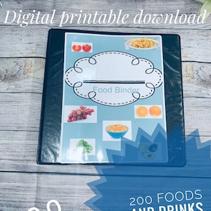 200 alimentos y bebidas, terapia alimentaria, tabla de selección de alimentos, tarjetas didácticas como ayuda visual, descarga digital Montessori para imprimir
