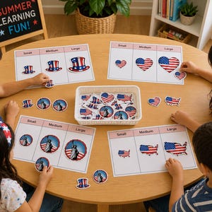 May include: A set of educational sorting activity sheets featuring patriotic American themes like the Statue of Liberty, top hats, hearts, and maps of the USA. Each sheet includes columns labeled Small, Medium, and Large for sorting cutouts.