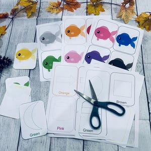 Handschrift, vormen/viskleuren Flashcards | Met/zonder kleurenwoorden | Afdrukbare kleuterschool | Leerkaarten digitaal downloaden