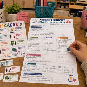 May include: A printed incident report data collection sheet with numbered sections, accompanied by a sticker sheet featuring professional development icons, individual sticker labels, and various classroom-themed desk accessories including mugs and sticky notes.