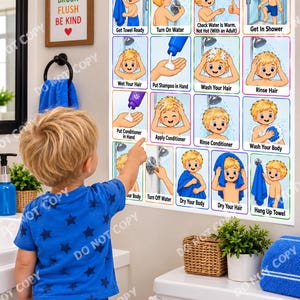 Visuellt schema för barns duschrutin | 16-stegs badhygienkort | blondin, visuella bilder för egenvård för pojkar | Utskrivbara specialpedagogik